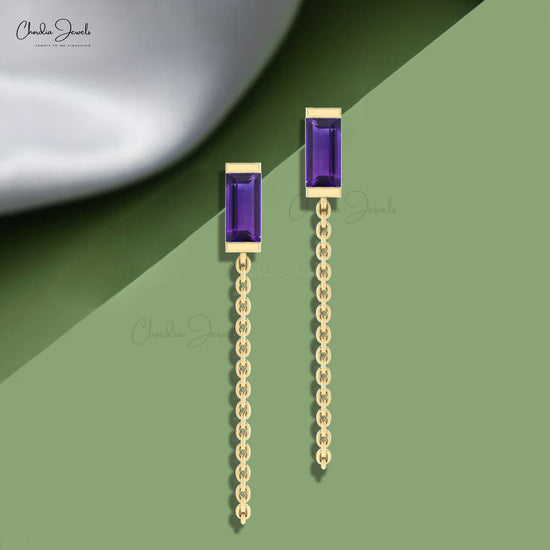 Delicate Amethyst Chain Earrings  0.60Ct Baguette Cut Natural Gemstone Dainty Earrings 14k Real Gold Art Deco Unique Jewelry For Wedding Gift