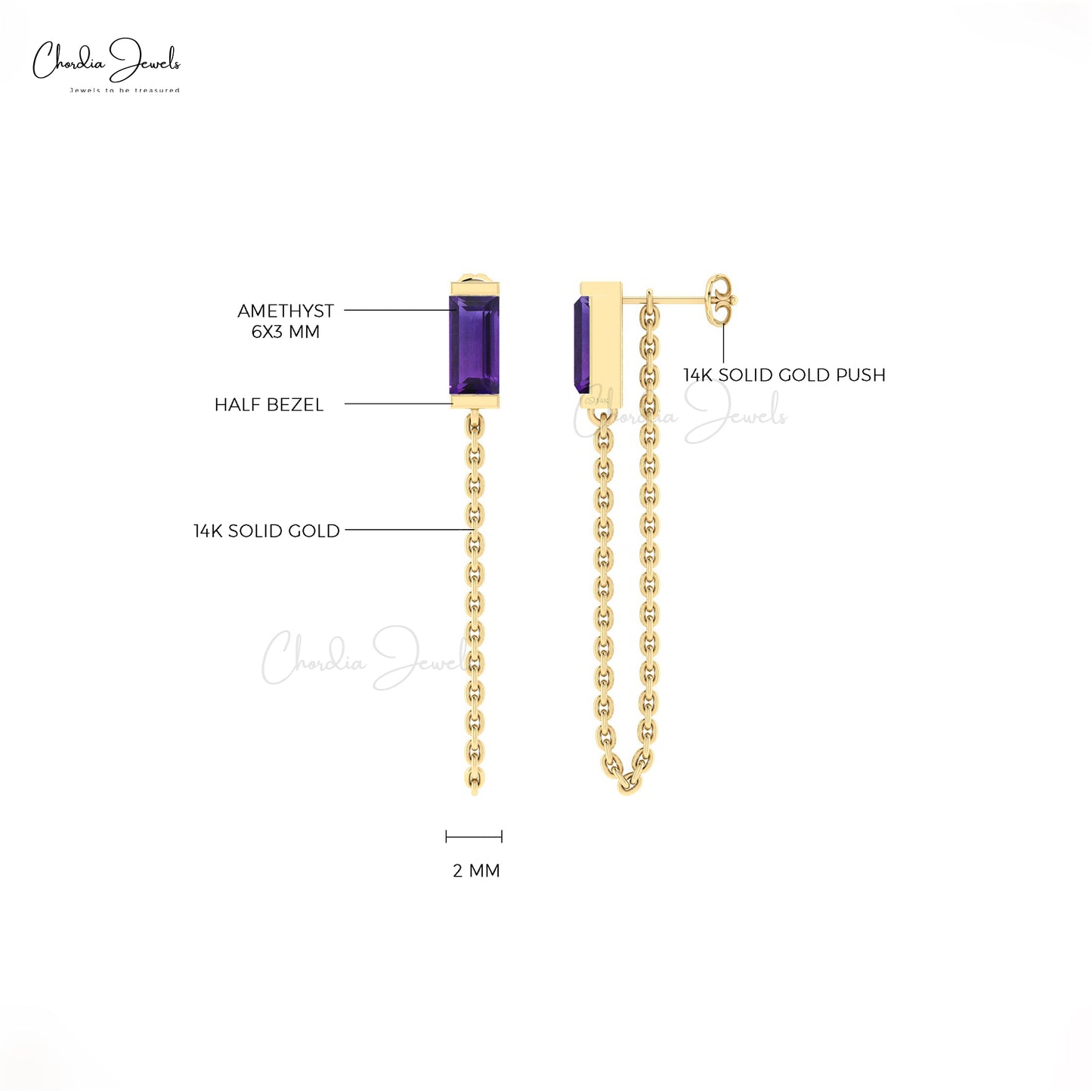 Delicate Amethyst Chain Earrings With 6x3mm Gemstone 14k Solid Gold Jewelry For Her