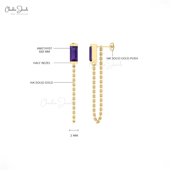 Delicate Amethyst Chain Earrings  0.60Ct Baguette Cut Natural Gemstone Dainty Earrings 14k Real Gold Art Deco Unique Jewelry For Wedding Gift