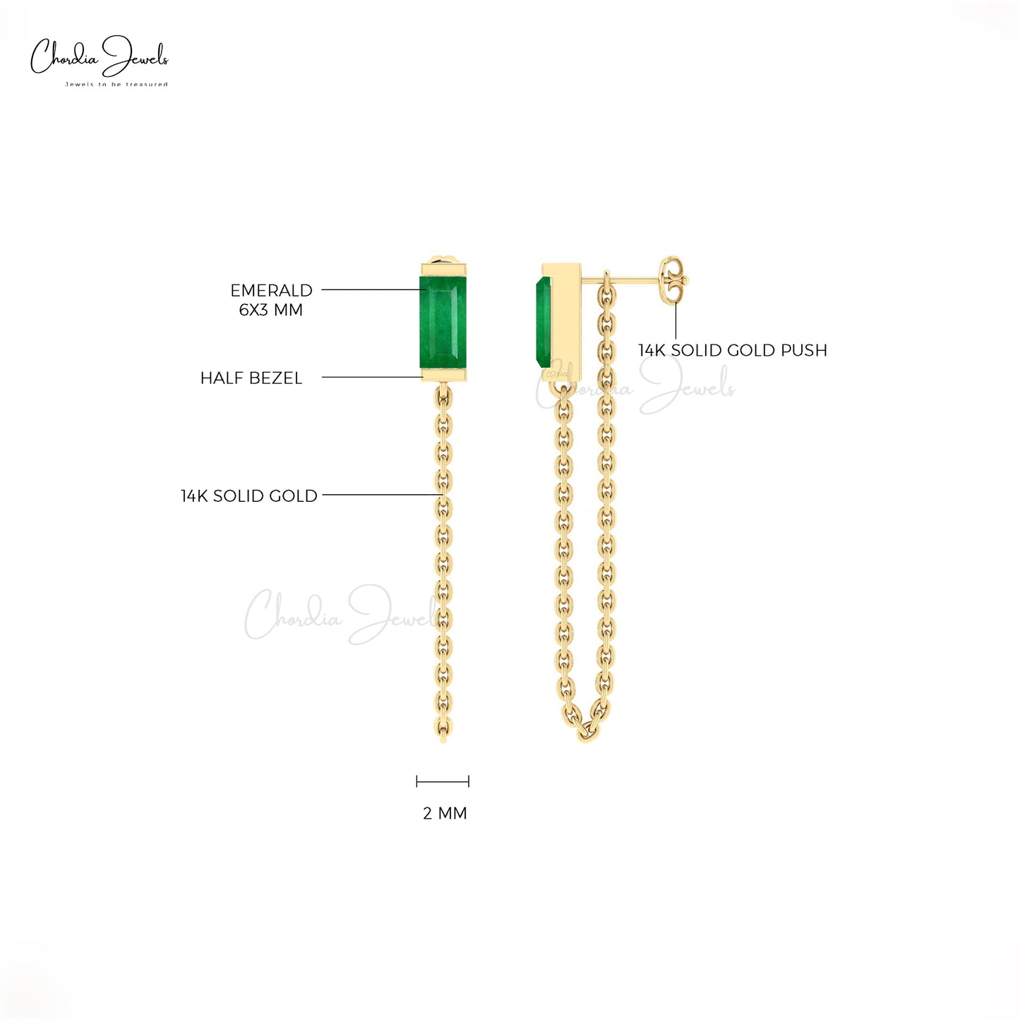 Green Emerald Modern Earrings 6x3mm Baguette Cut Gemstone Bezel Set Earrings 14k Real Gold Handmade Fine Jewelry For Her
