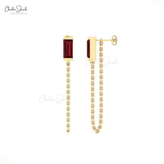 Round Garnet Baguette Cut Delicate Chain Earrings 14k Real Gold Jewelry For Women