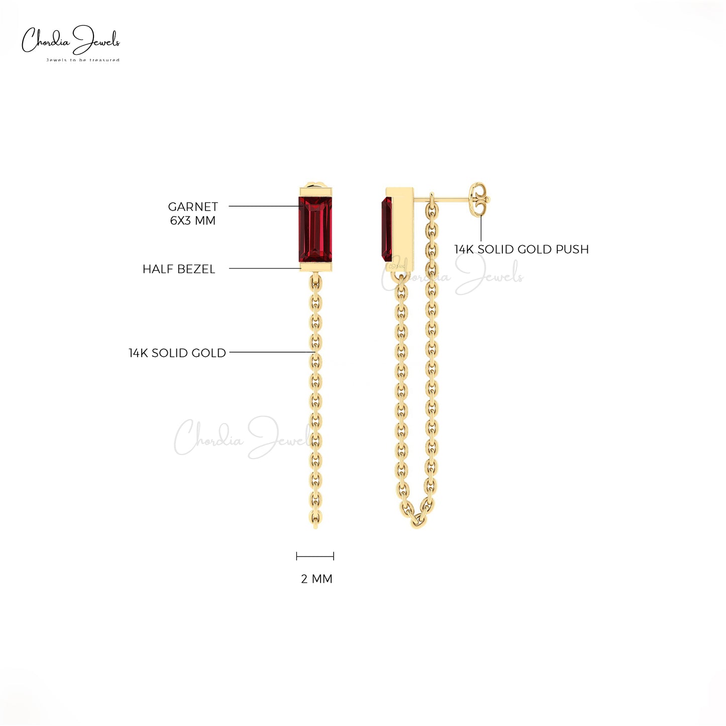 Round Garnet Baguette Cut Delicate Chain Earrings 14k Real Gold Jewelry For Women