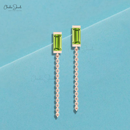 Gemstone Chain Earring With 0.6 Ct Peridot Solitaire Delicate Earrings In 14k Real Gold