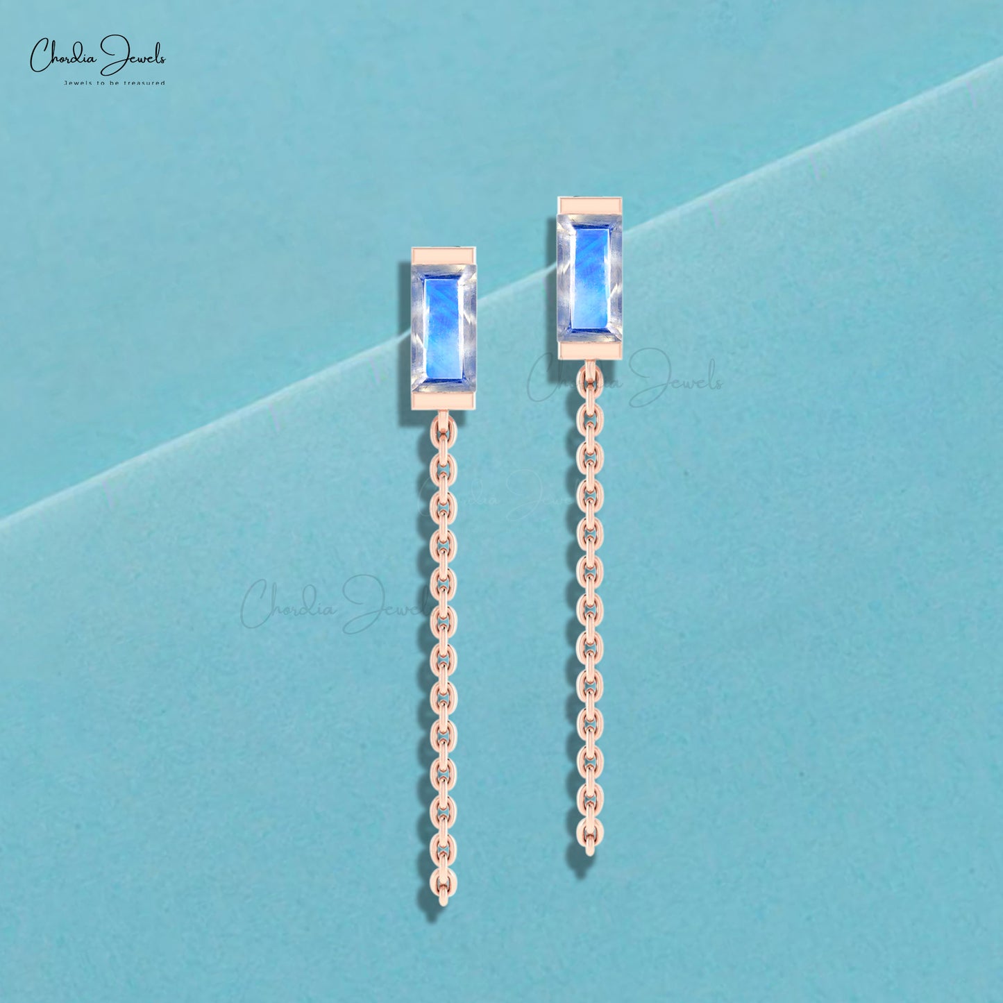 Solid 14k Gold Baguette Chain Earring With 6x3mm Rainbow Moonstone Solitaire Earrings