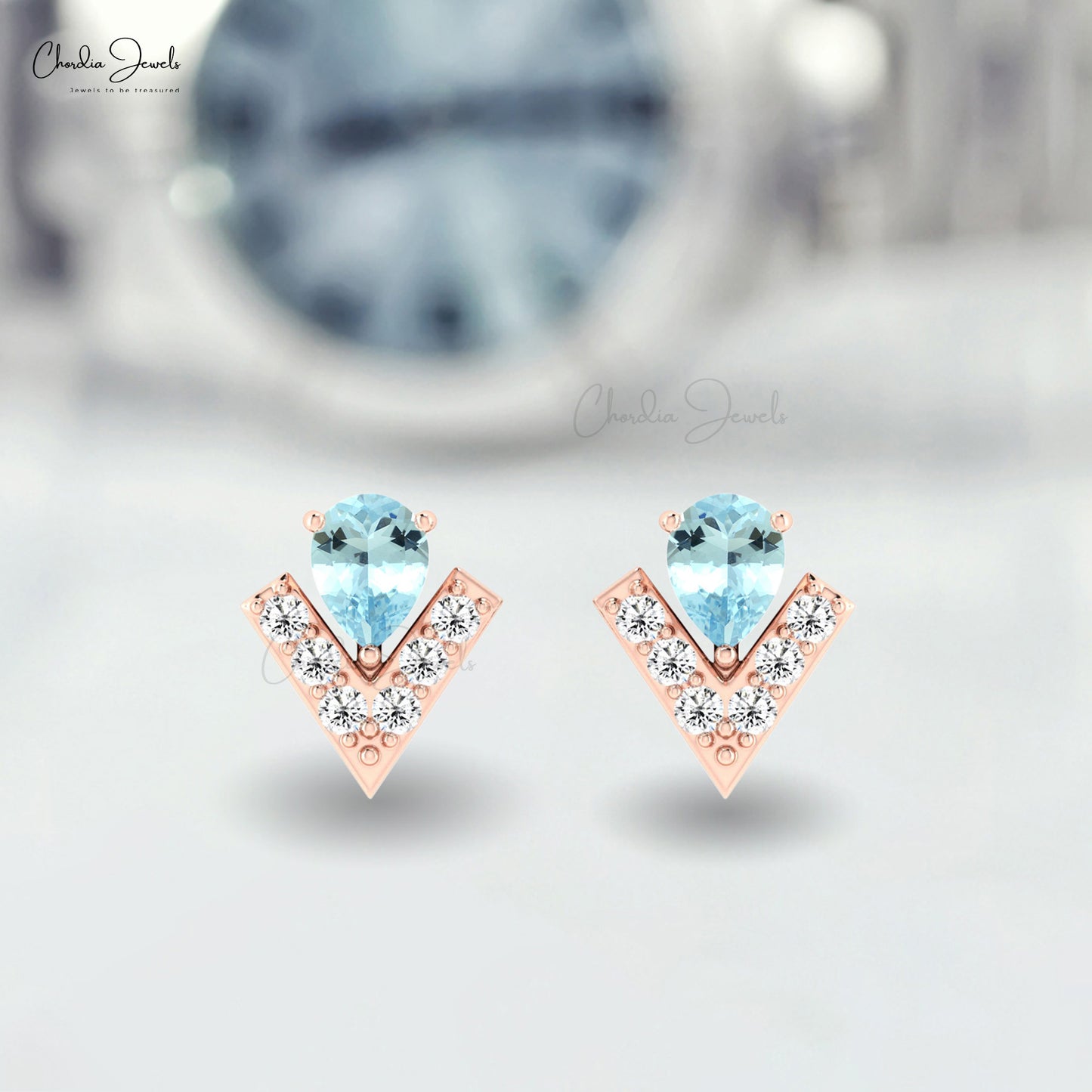 Load image into Gallery viewer, Natural Aquamarine Dainty Studs Earrings 14k Gold With White Diamond Handmade Earrings

