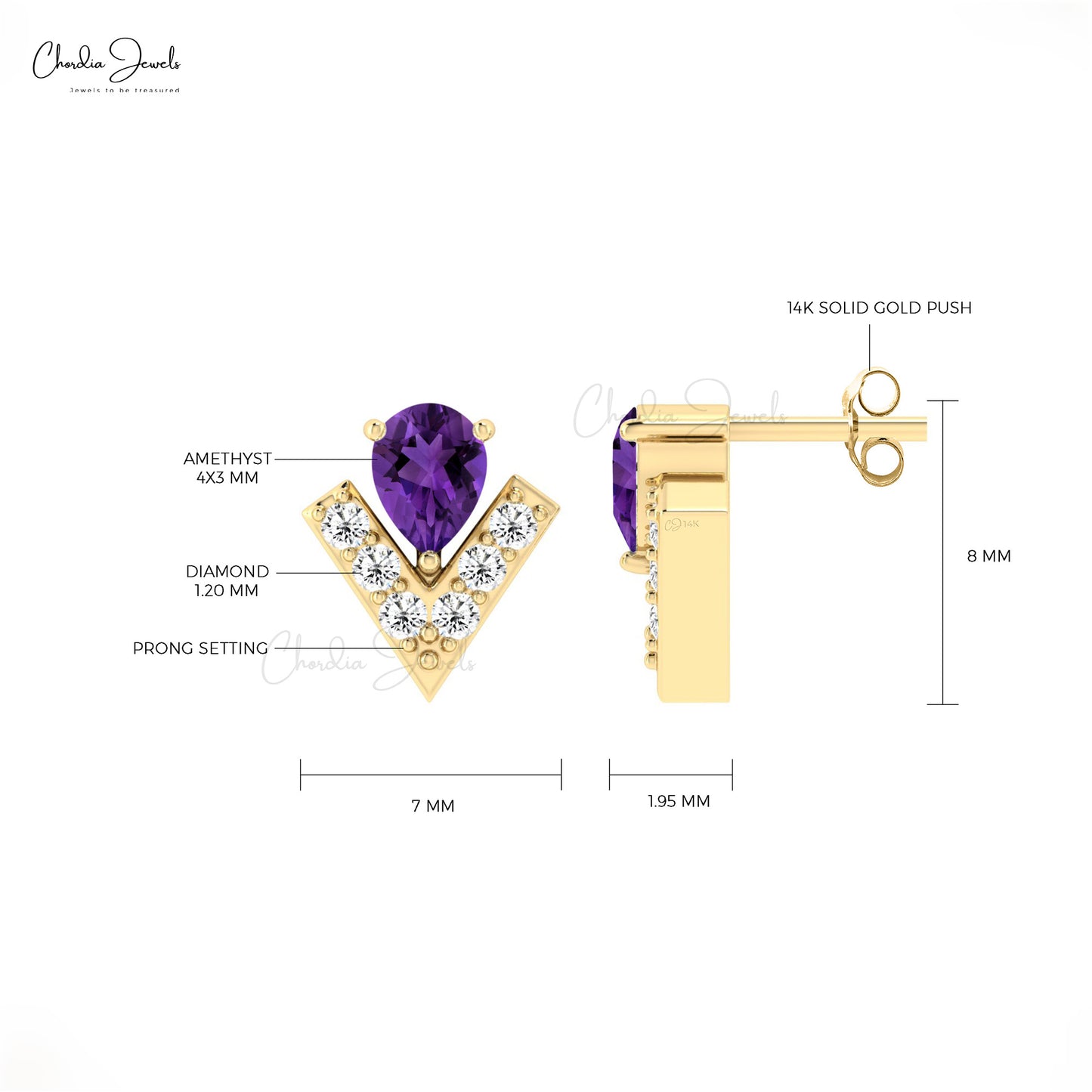 AAA Amethyst Dainty Studs 14k Real Gold Diamond Accented Earrings 4x3mm Pear Cut Natural Gemstone Summer Jewelry For Her