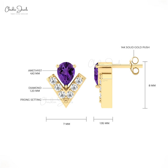 AAA Amethyst Dainty Studs 14k Real Gold Diamond Accented Earrings 4x3mm Pear Cut Natural Gemstone Summer Jewelry For Her
