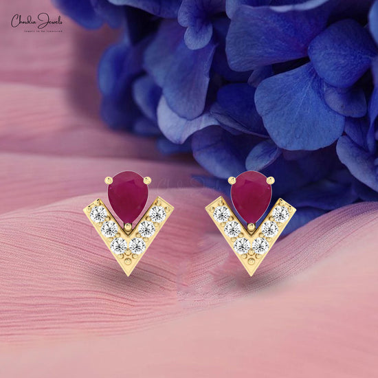 Dainty Pear Cut Ruby Studs Earring In 14k Gold With White Diamond