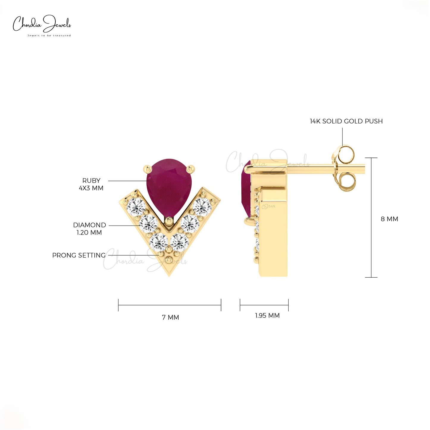 Dainty Pear Cut Ruby Studs Earring In 14k Gold With White Diamond