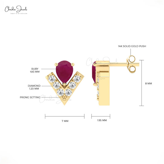 Dainty Pear Cut Ruby Studs Earring In 14k Gold With White Diamond