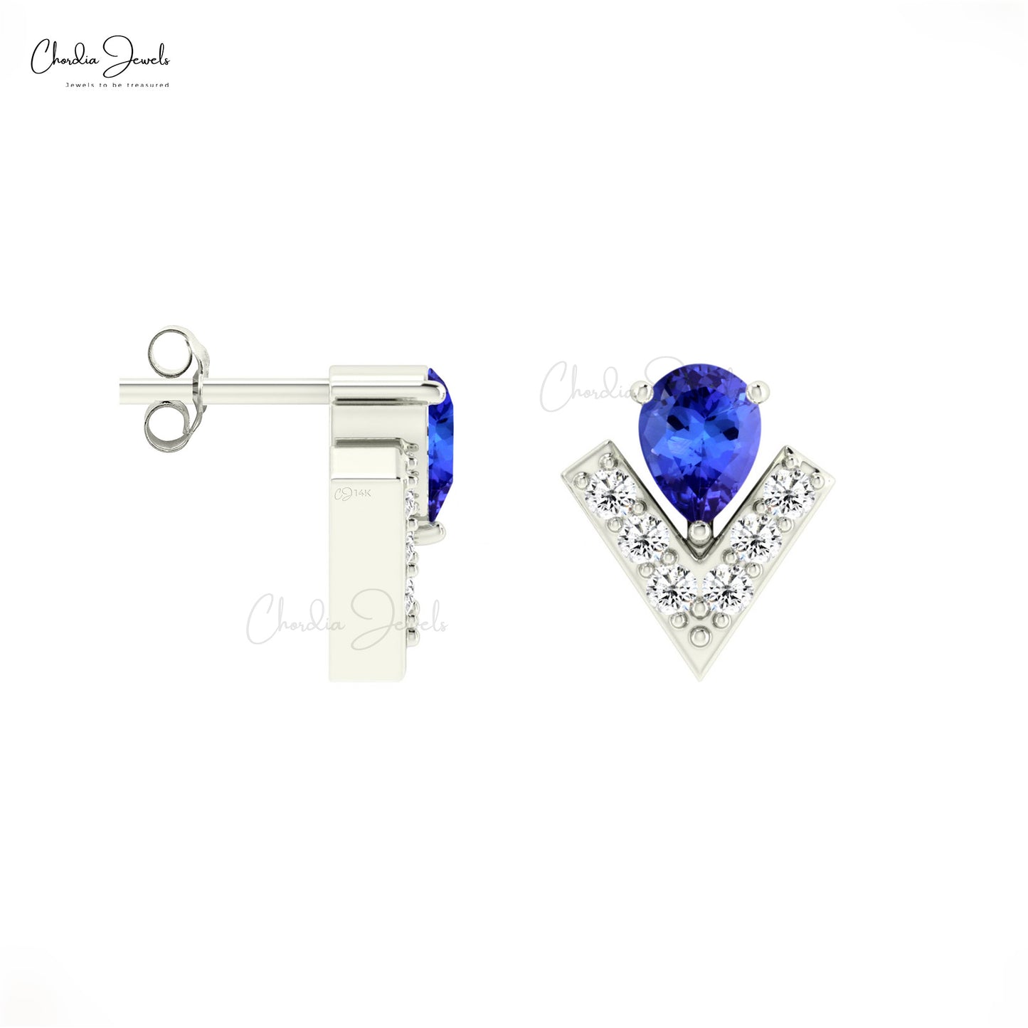 Pear-Cut Tanzanite V-Shape Earrings Diamond Accented 14k Gold Studs For Birthday Gift