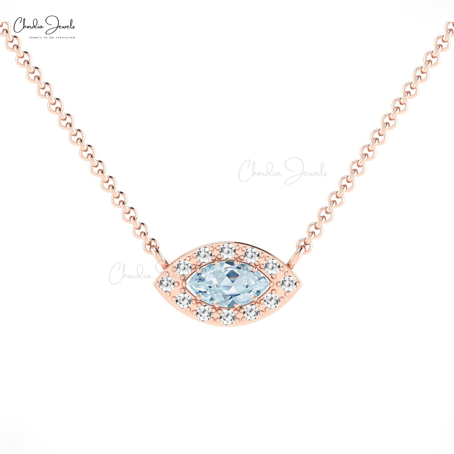 Halo Minimal Necklace With 0.17 Ct Aquamarine And Diamond Chain Necklace In 14k Pure Gold