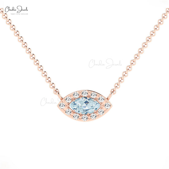 AAA Aquamarine Halo Necklace 14k Solid Gold Diamond Necklace For March Birthstone