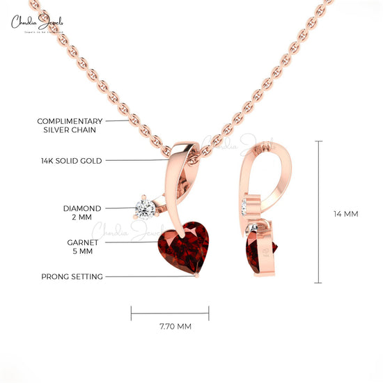Elegant Garnet Heart Cut  Pendant 14k Solid Gold Diamond Valentine's Day jewelry Gift