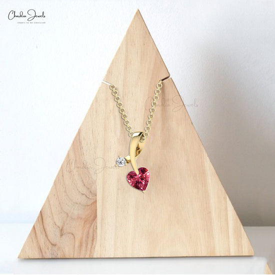 AAA Pink Tourmaline 5mm Heart Cut Pendant 14k Solid Gold Diamond Pendant For Her