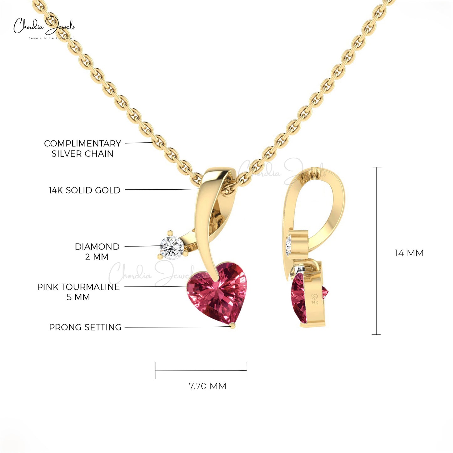 AAA Pink Tourmaline 5mm Heart Cut Pendant 14k Solid Gold Diamond Pendant For Her
