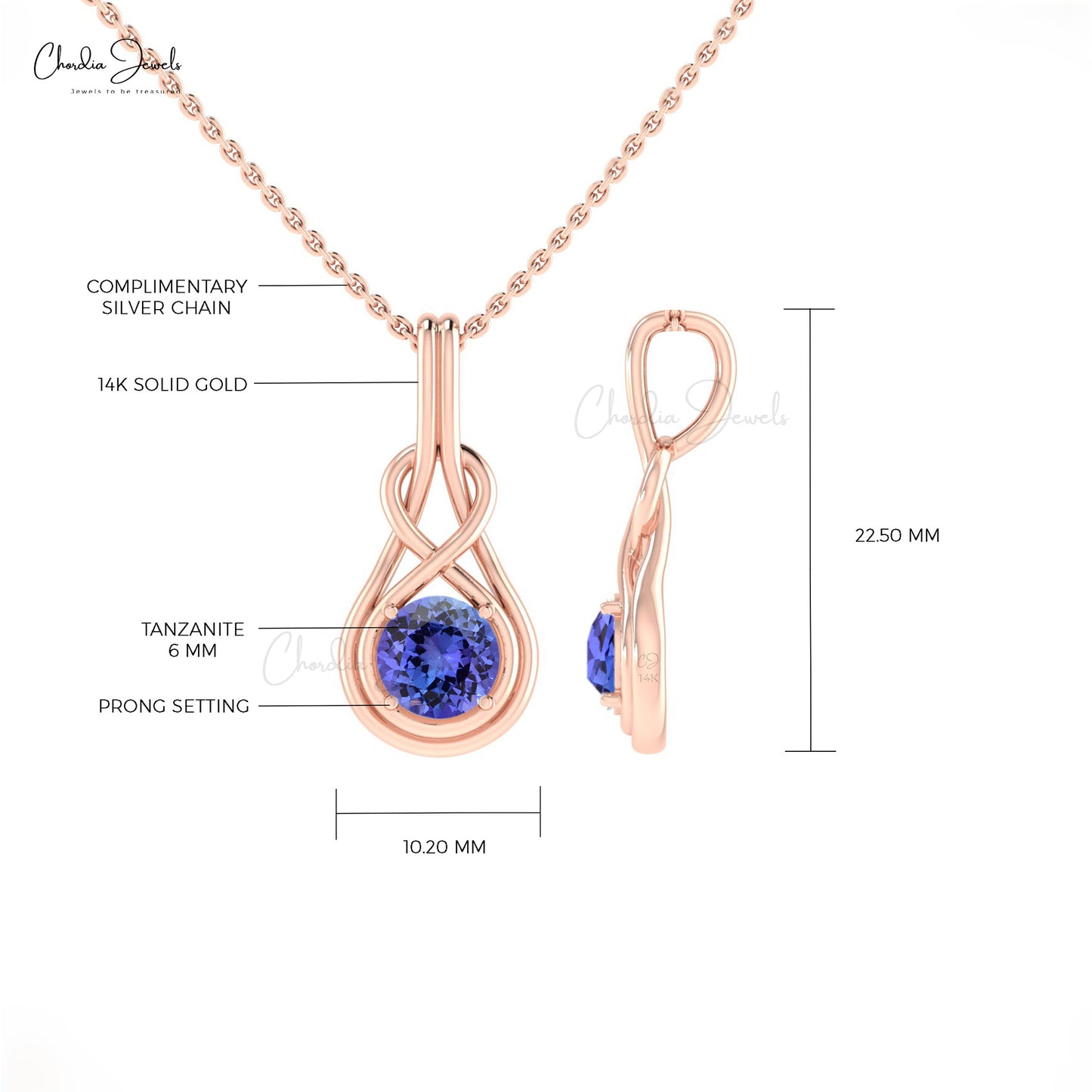 Single Stone Infinity Pendant With 6mm Tanzanite Prong Set In 14k Real Gold Necklace