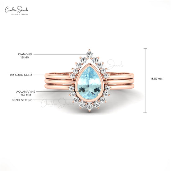 14k Solid Gold Stackable Ring 0.72ct Aquamarine Gemstone & Genuine Diamond Ring For Women