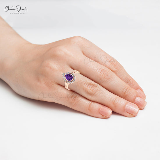 Real 14k Gold Triple Stackable Band With 7x5mm Amethyst And Diamond Halo Bridal Rings