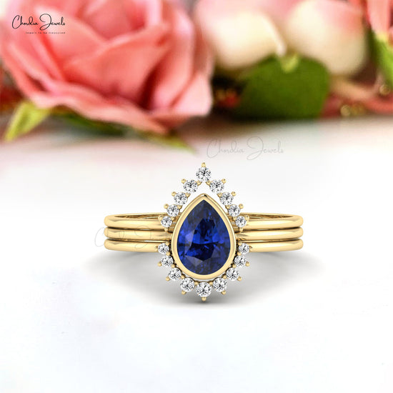 Genuine Blue Sapphire 7x5mm Pear Cut Gemstone Wedding Ring 14k Real Gold Diamond Promise Ring Hallmarked Fine Jewelry For X-Mas Gift