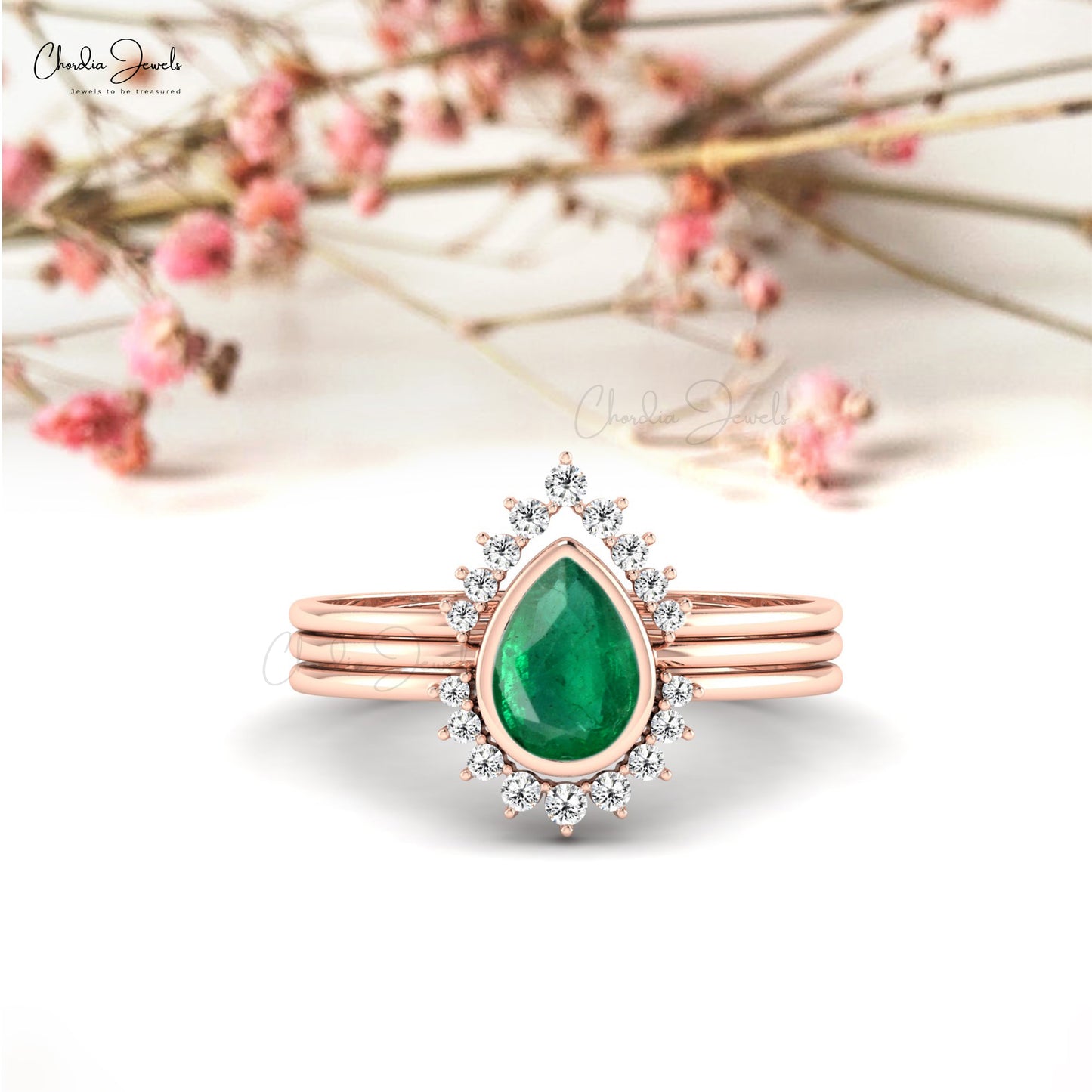 Genuine Emerald 7X5mm Pear Cut Gemstone Stackble Dainty Ring 14k Solid Gold Diamond Ring For Her