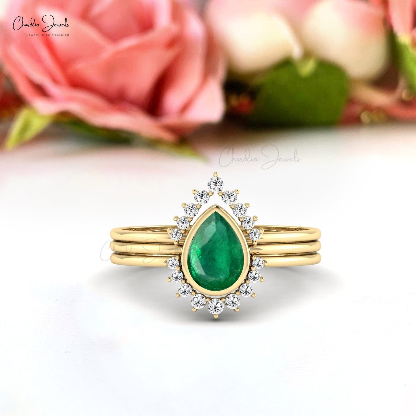 Genuine Emerald Trio Band In 14k Yellow Gold G-H Diamond Wedding Ring Size US5.25