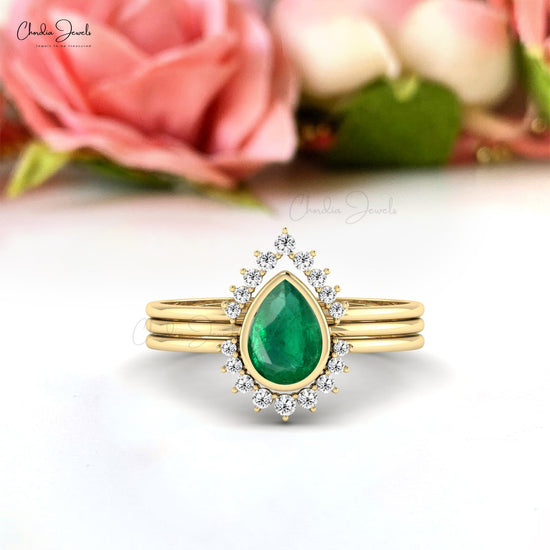 Genuine Emerald Trio Band In 14k Yellow Gold G-H Diamond Wedding Ring Size US5.25