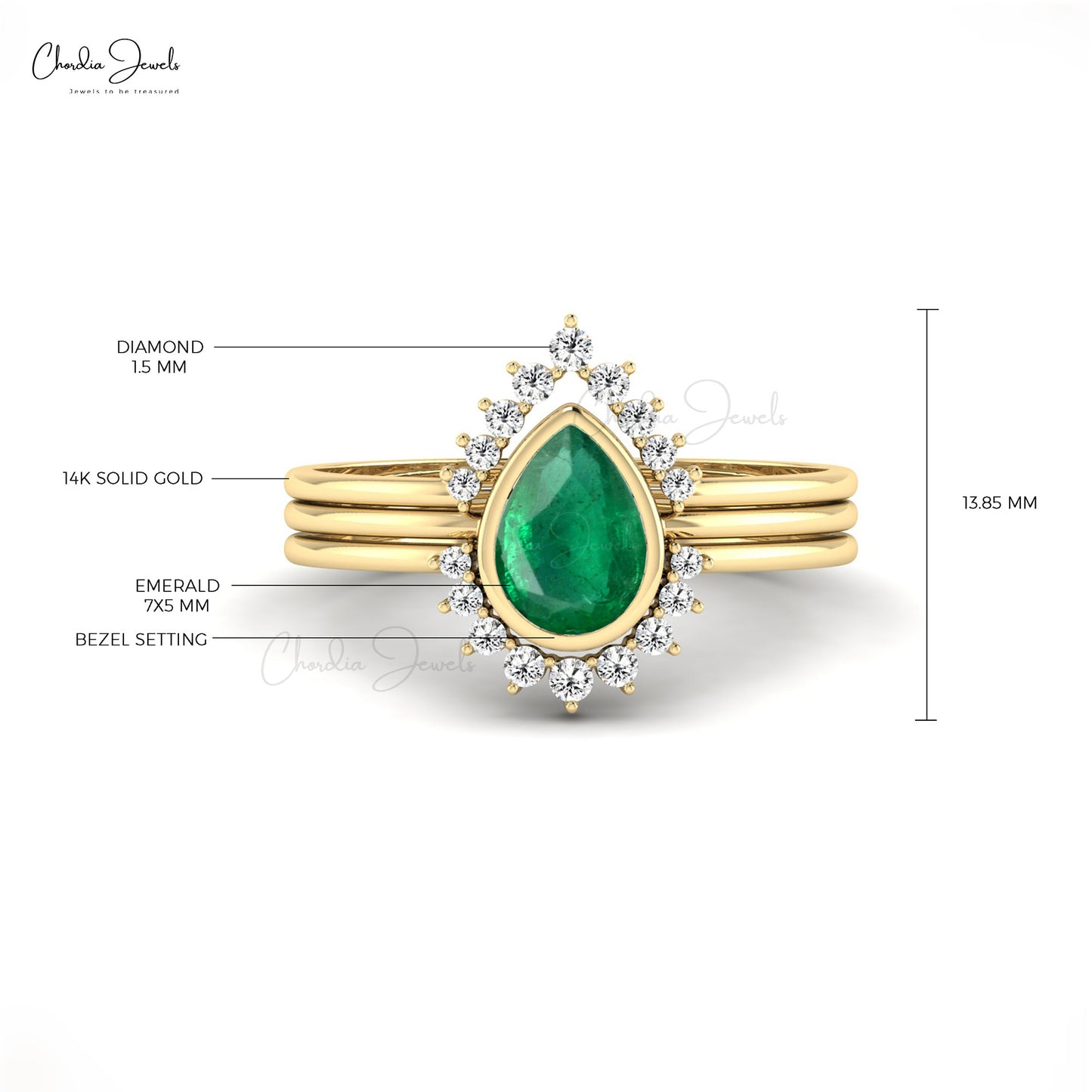 Genuine Emerald Trio Band In 14k Yellow Gold G-H Diamond Wedding Ring Size US5.25