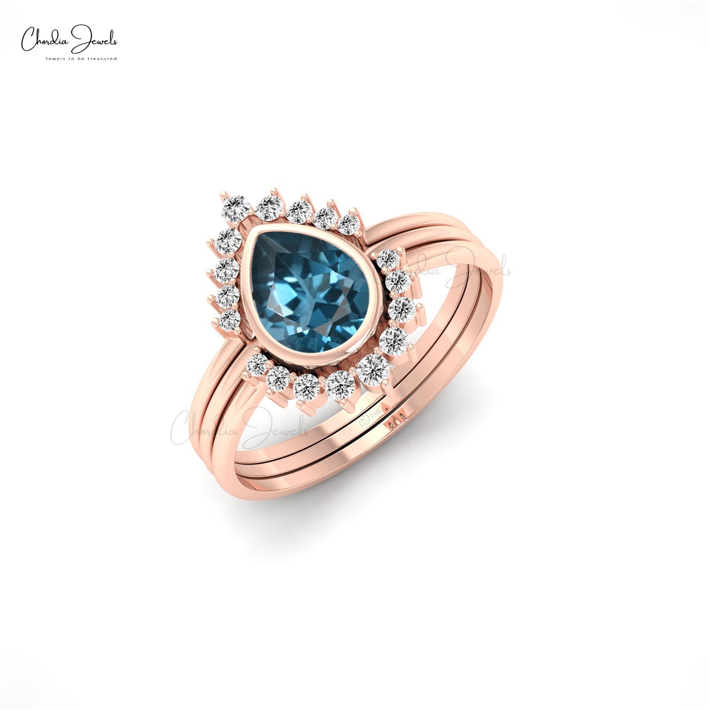 14K Solid Gold Statement Ring London Blue Topaz & Diamond Stackable Ring For Wedding Gift