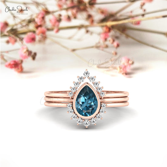 14K Solid Gold Statement Ring London Blue Topaz & Diamond Stackable Ring For Wedding Gift