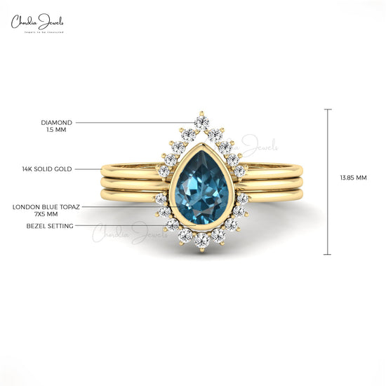 14K Solid Gold Statement Ring London Blue Topaz & Diamond Stackable Ring For Wedding Gift