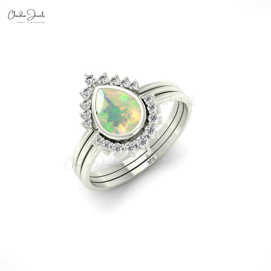 Natural 0.63ct Opal & Diamond Stackable Ring in 14k Real Gold Unique Wedding Ring For Love