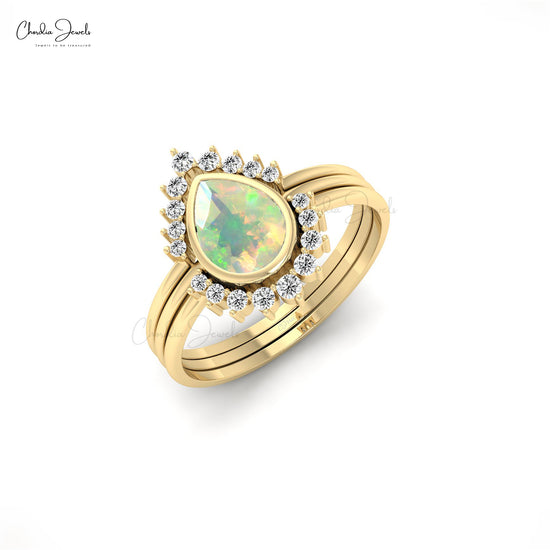 Natural 0.63ct Opal & Diamond Stackable Ring in 14k Real Gold Unique Wedding Ring For Love