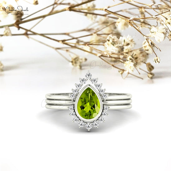 14k Gold Peridot Stackable Ring with Genuine Diamonds August Birthstone Handcrafted Ring