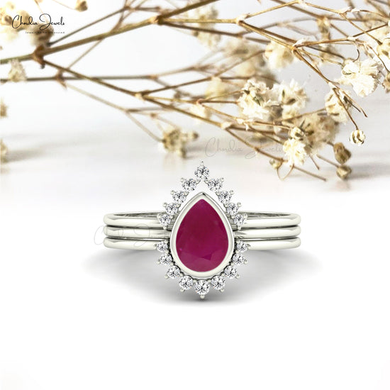 Pear-Cut Ruby Stackable Ring with Diamond Halo 14k Solid Gold 0.72ct July Birthstone Ring