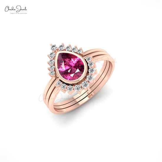 Stackable Rhodolite Garnet Ring with Genuine Diamond 14k Gold Light Weight Ring For Her