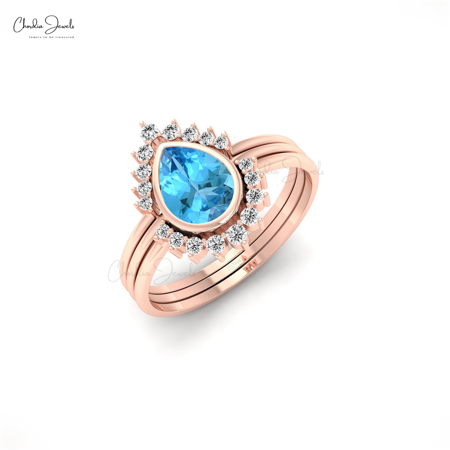 Dazzling Swiss Blue Topaz and Diamond Stackable Ring in 14k Solid Gold