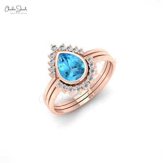Swiss Blue Topaz & Diamond Dainty Ring in 14k Gold 0.63ct December Birthstone Stackable Ring