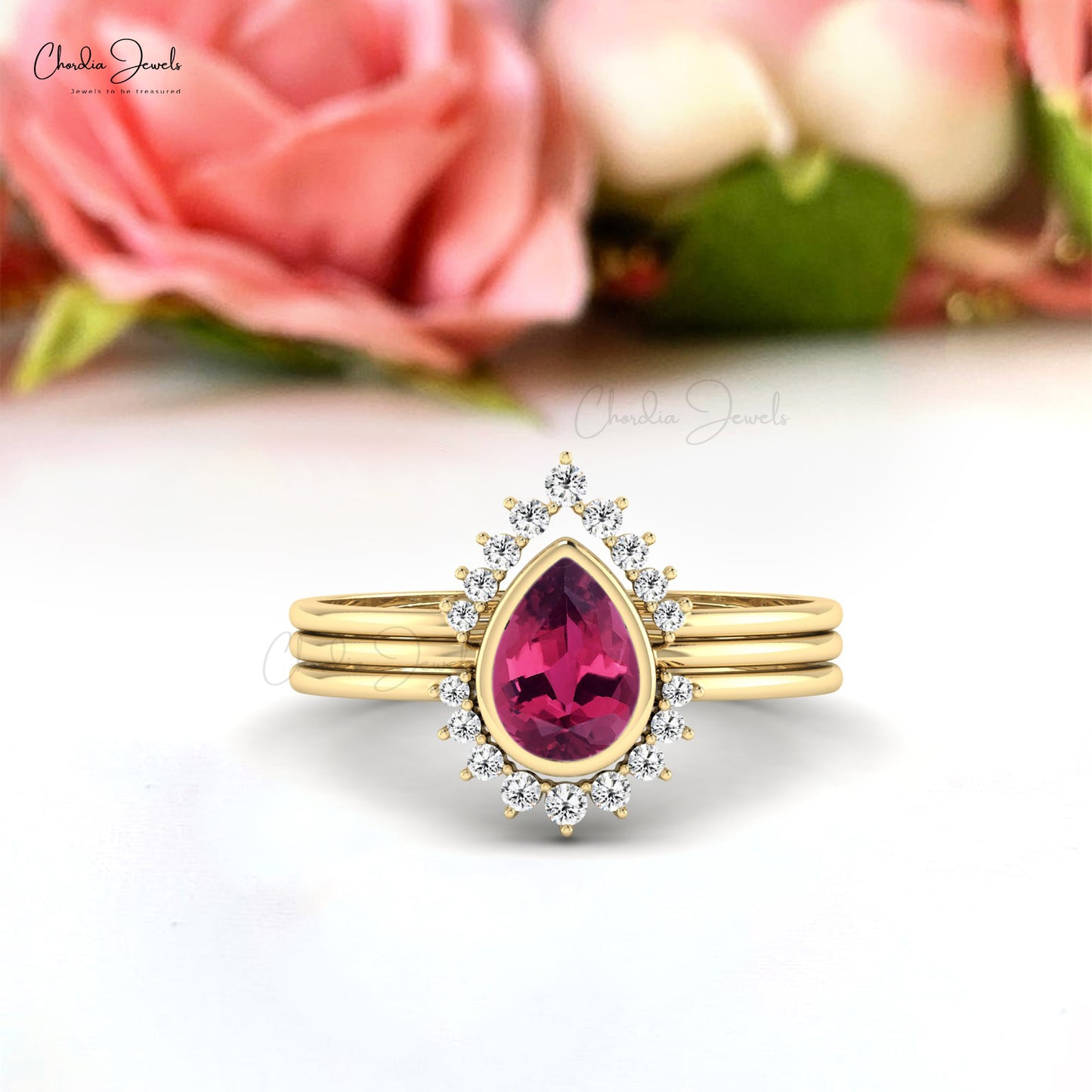 AAA Pink Tourmaline Diamond Stackable Ring With 7x5mm Gemstone 14k Real Gold Jewelry
