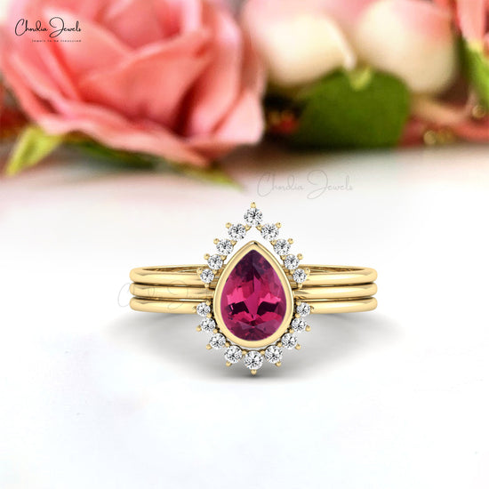 AAA Pink Tourmaline Diamond Stackable Ring With 7x5mm Gemstone 14k Real Gold Jewelry