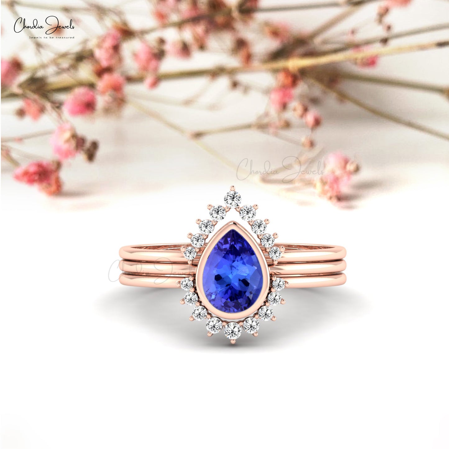 Trendy Stackable Ring With Natural Tanzanite & Diamond Real 14k Gold Layered Promise Ring