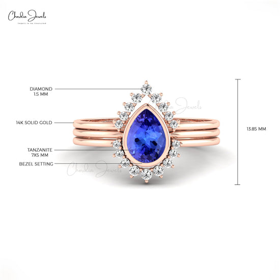 Trendy Stackable Ring With Natural Tanzanite & Diamond Real 14k Gold Layered Promise Ring