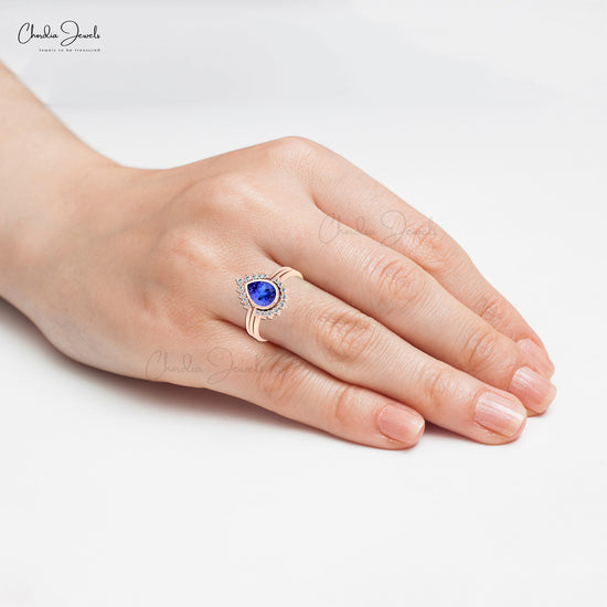 Trendy Stackable Ring With Natural Tanzanite & Diamond Real 14k Gold Layered Promise Ring