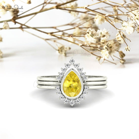 Yellow Sapphire Stackable Ring 14k Real Gold Certified Diamond Proposal Ring 7x5mm Pear Cut Natural Gemstone Minimalist Vintage Jewelry