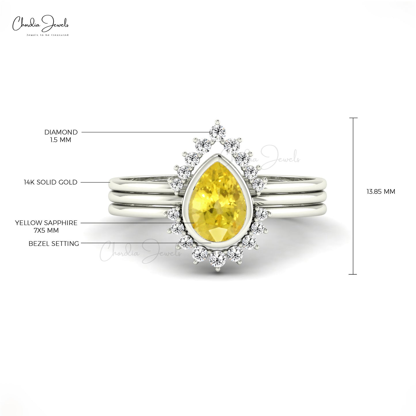 Halo Triple Band Ring with 0.72 Ct Yellow Sapphire & Diamond Stack Ring In 14k Real Gold