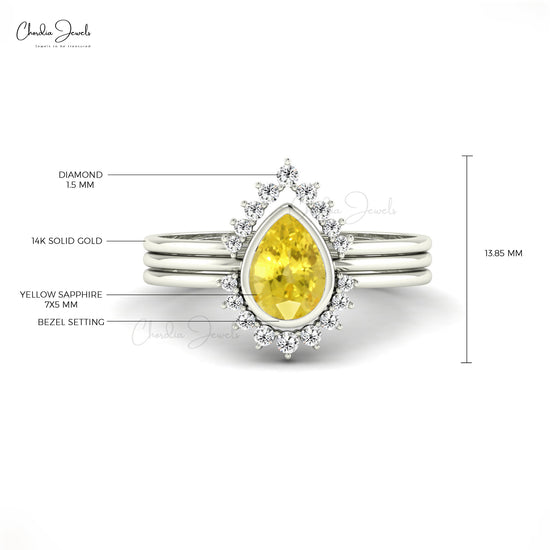 Halo Triple Band Ring with 0.72 Ct Yellow Sapphire & Diamond Stack Ring In 14k Real Gold