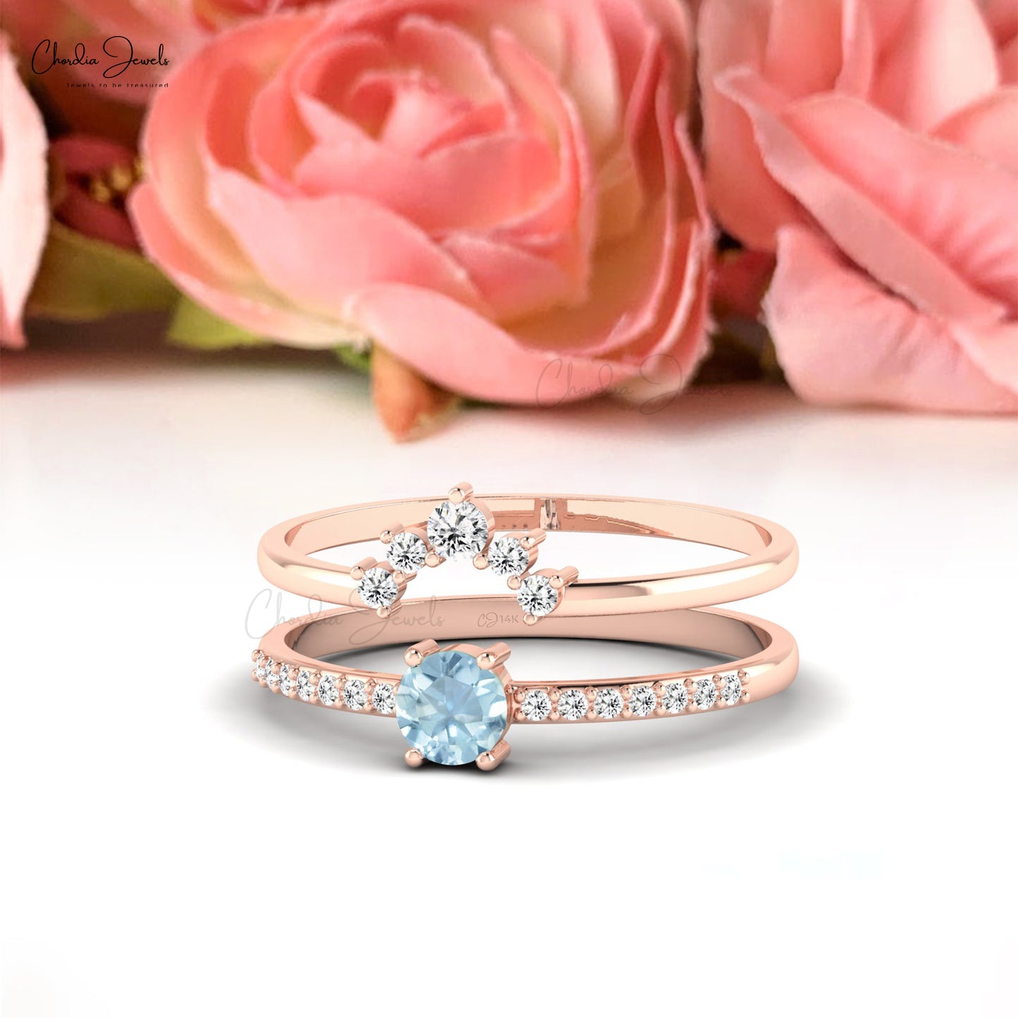 Load image into Gallery viewer, Stackable 14k Gold Aquamarine Ring with Genuine Diamonds 0.27ct March Birthstone Ring
