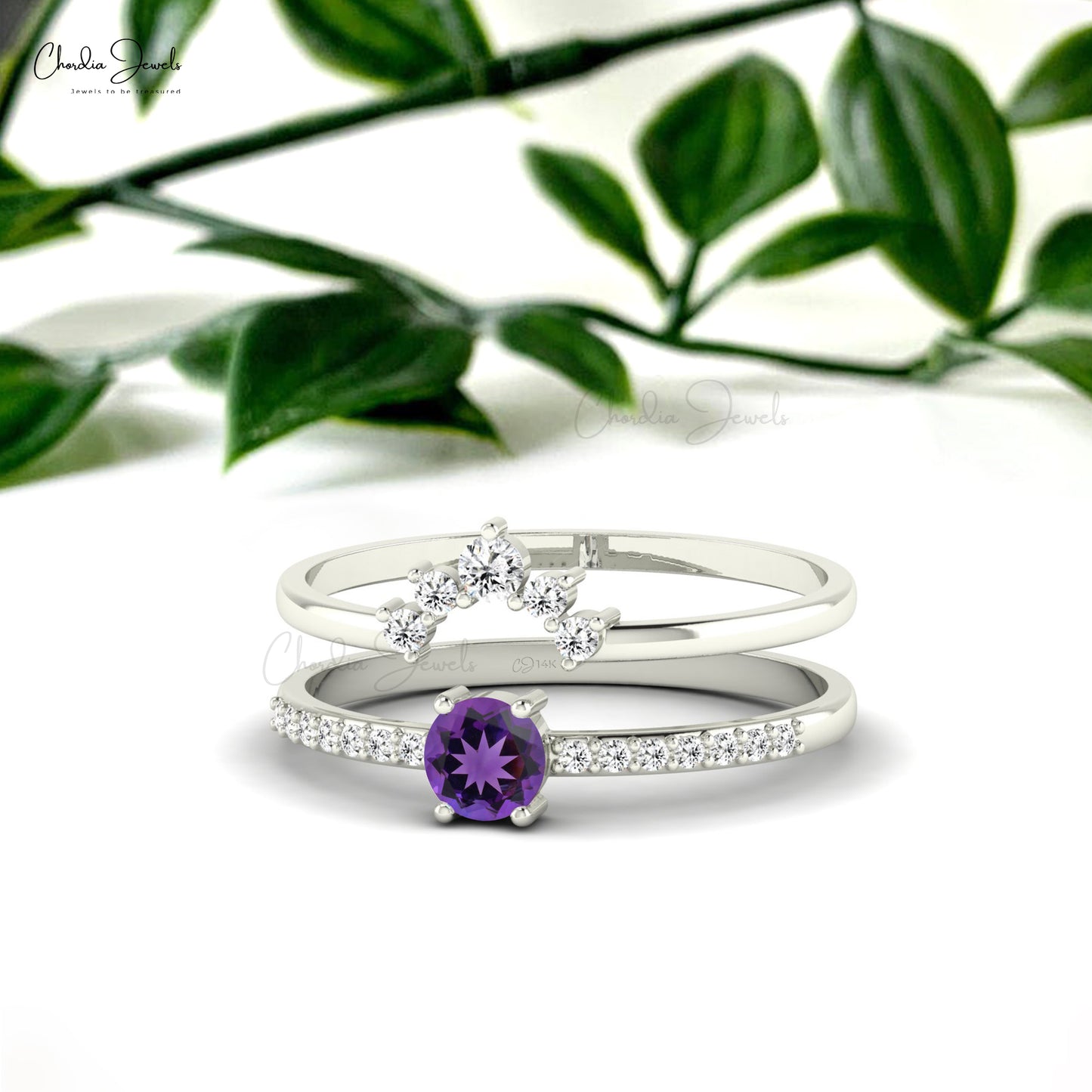 Solid 14k Gold Chevron Diamond Band With 0.23 Ct Amethyst Prong Set Women Ring