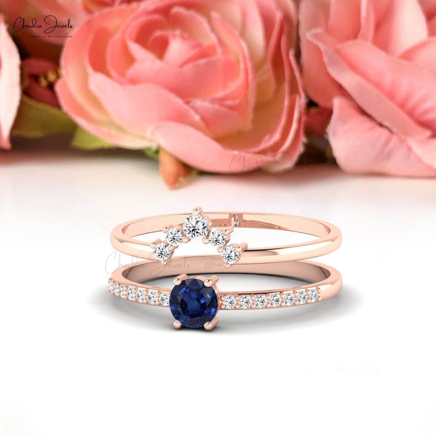 14k Real Gold Stackable Ring with 4mm Blue Sapphire Natural Diamond Engagement Ring