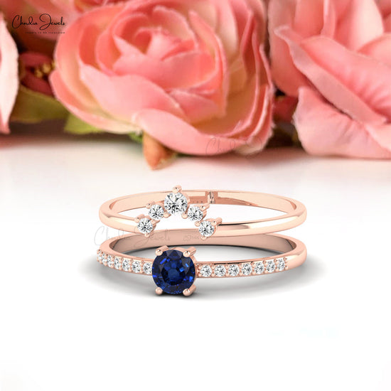 Load image into Gallery viewer, 14k Real Gold Stackable Ring with 4mm Blue Sapphire Natural Diamond Engagement Ring
